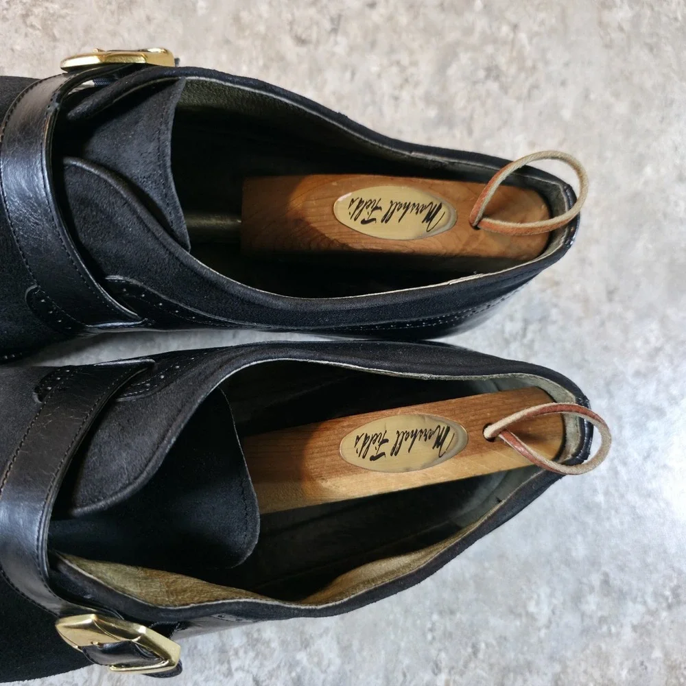 Mamucci Black Leather Suede Strapped Buckle Oxfords Mens 12 Made in Italy
